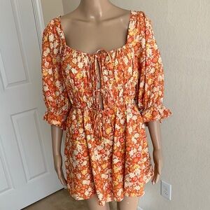 Free People Orange & Cream Smocked Romper Size Medium